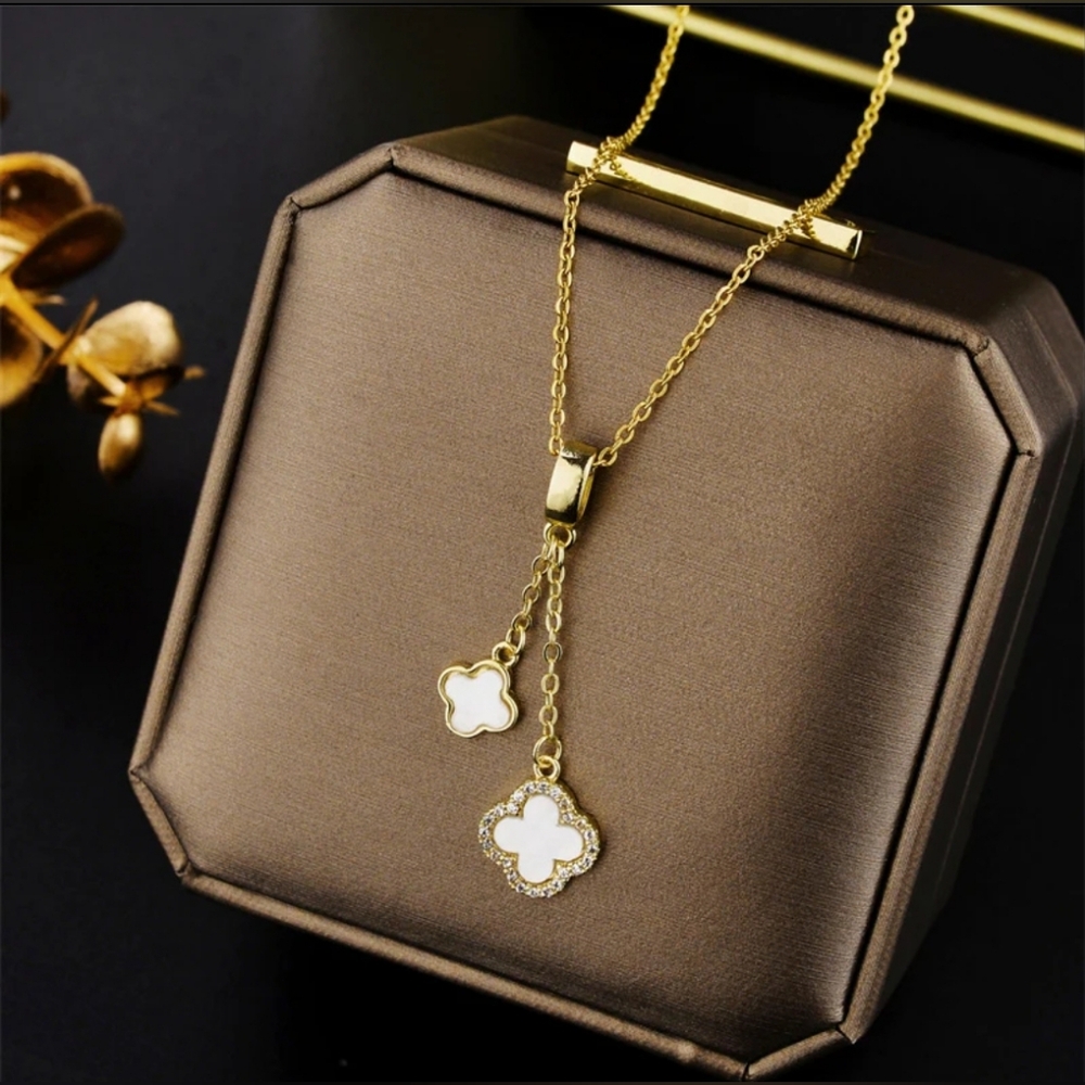 Flower 4-leaf Titanium Steel 18K Gold | White Opal Double Clover Tiered Necklace